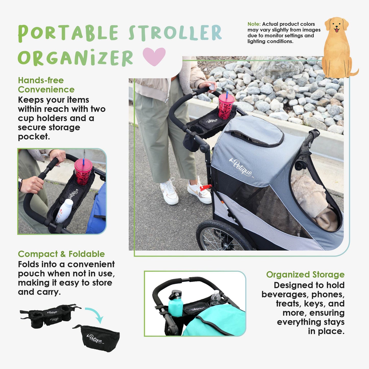 Portable Stroller Organizer: Easy Attach & Secure, Fits Pet Jogger/Stroller Handles, Stores Beverages, Phones, Treats, Keys, Foldable into Pouch, Secure Pocket, Holds 2 Cups, COMPATIBLE ONLY with our Trailblazer Pet Jogger & All Terrain Pet Jogger