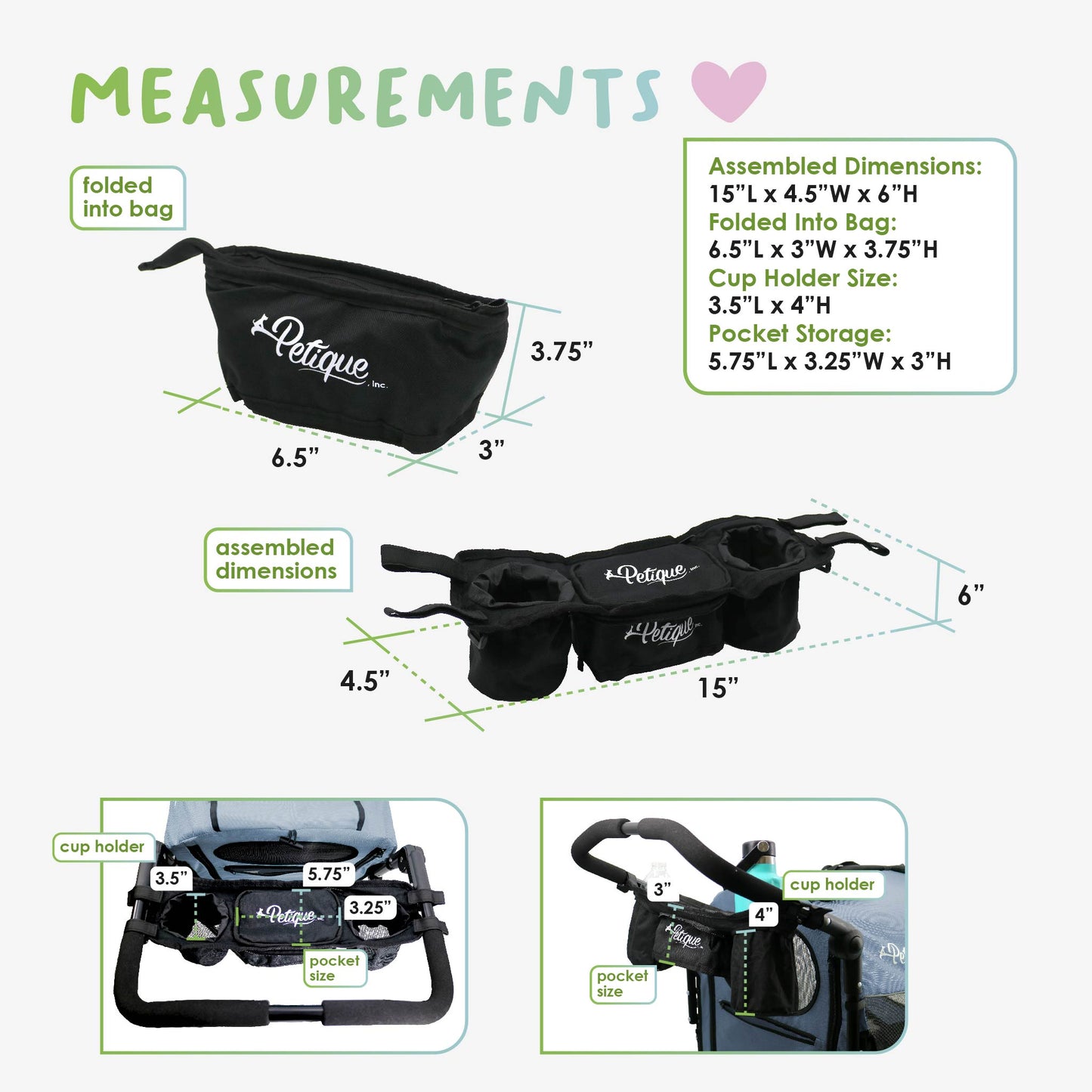 Portable Stroller Organizer: Easy Attach & Secure, Fits Pet Jogger/Stroller Handles, Stores Beverages, Phones, Treats, Keys, Foldable into Pouch, Secure Pocket, Holds 2 Cups, COMPATIBLE ONLY with our Trailblazer Pet Jogger & All Terrain Pet Jogger