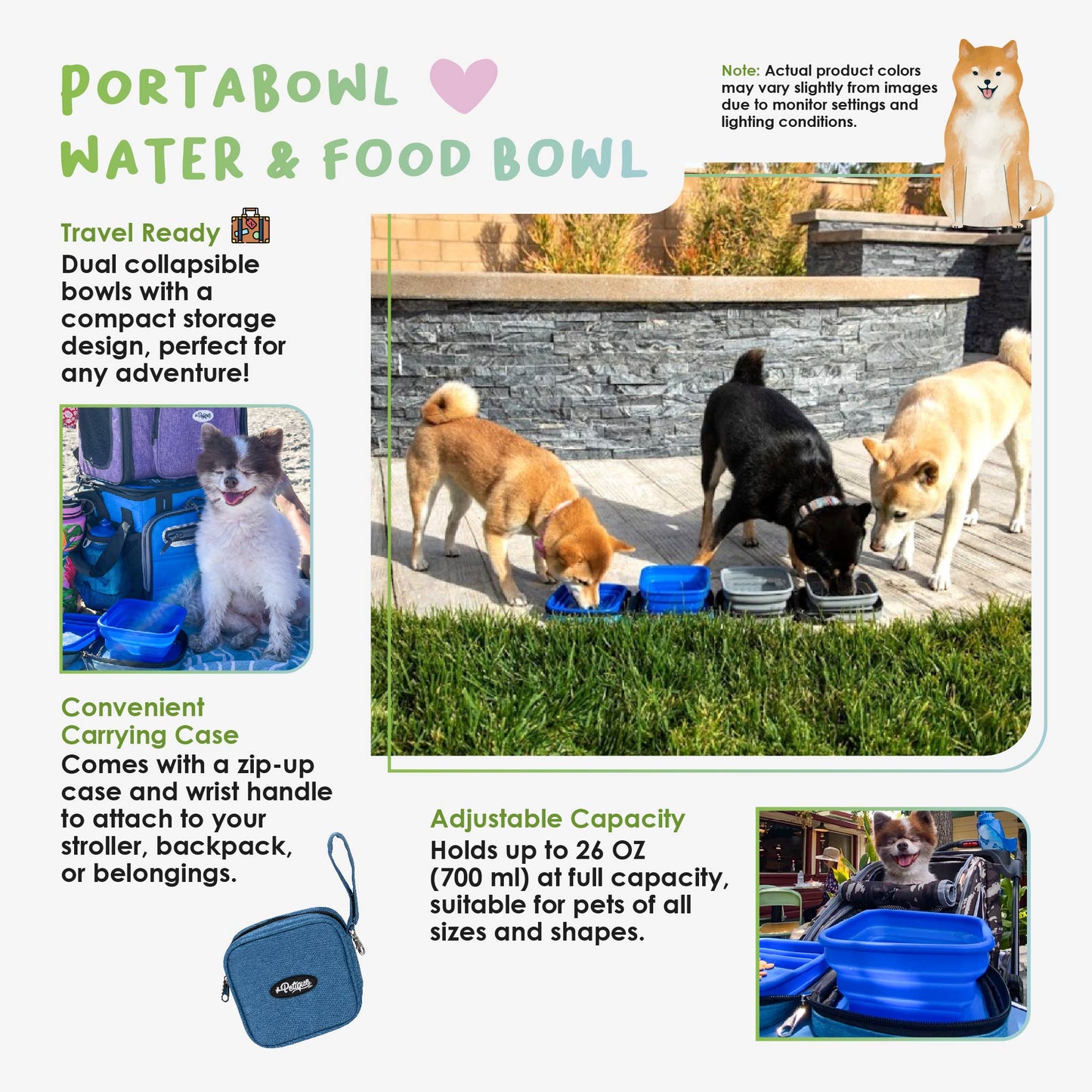Portabowl Water & Food Bowl: FDA Tested, Non-Toxic, Dishwasher Safe, Detachable, Collapsible, Zipper Carrying Case, Wrist Handle, Clip, 26 OZ FULL Capacity, 24 OZ Second Level, 13 OZ First Level