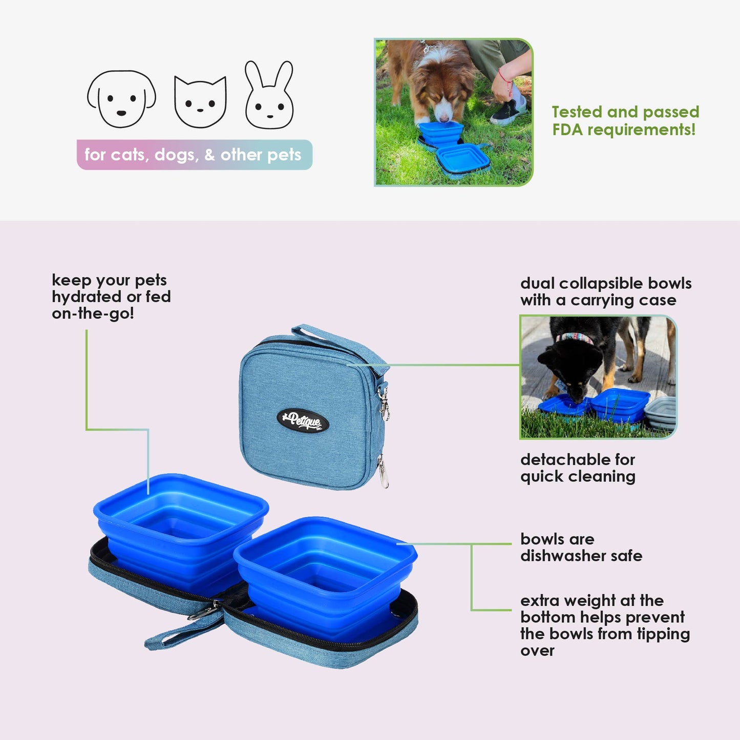Portabowl Water & Food Bowl: FDA Tested, Non-Toxic, Dishwasher Safe, Detachable, Collapsible, Zipper Carrying Case, Wrist Handle, Clip, 26 OZ FULL Capacity, 24 OZ Second Level, 13 OZ First Level