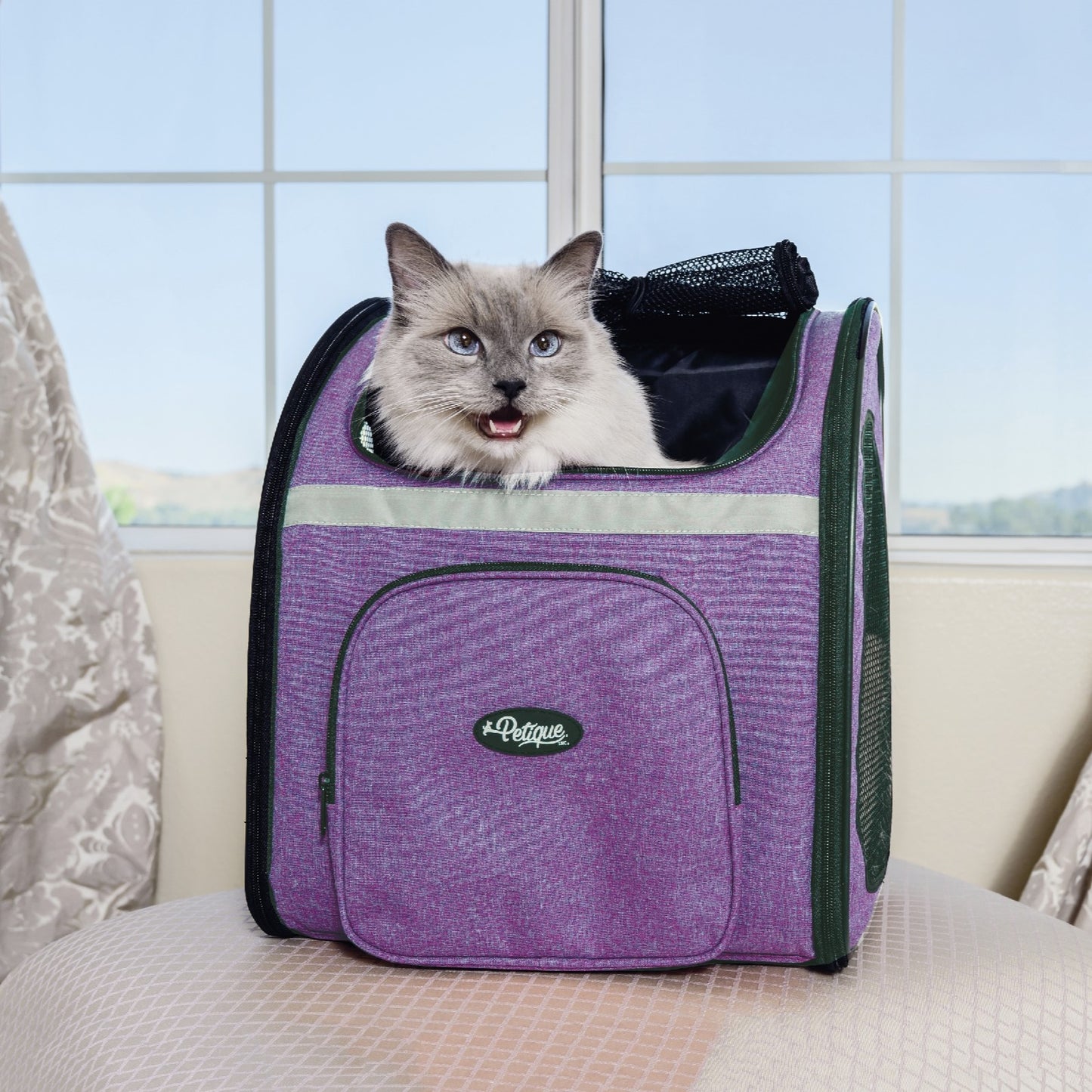 The Backpacker Pet Carrier for Small Dogs/Cats/Pets, Storage Pocket, Luggage Handle Slit, Leash Inside, Adjustable Straps, Reversible Mat, 3 Entryways, Folds Flat, Reflective Strip