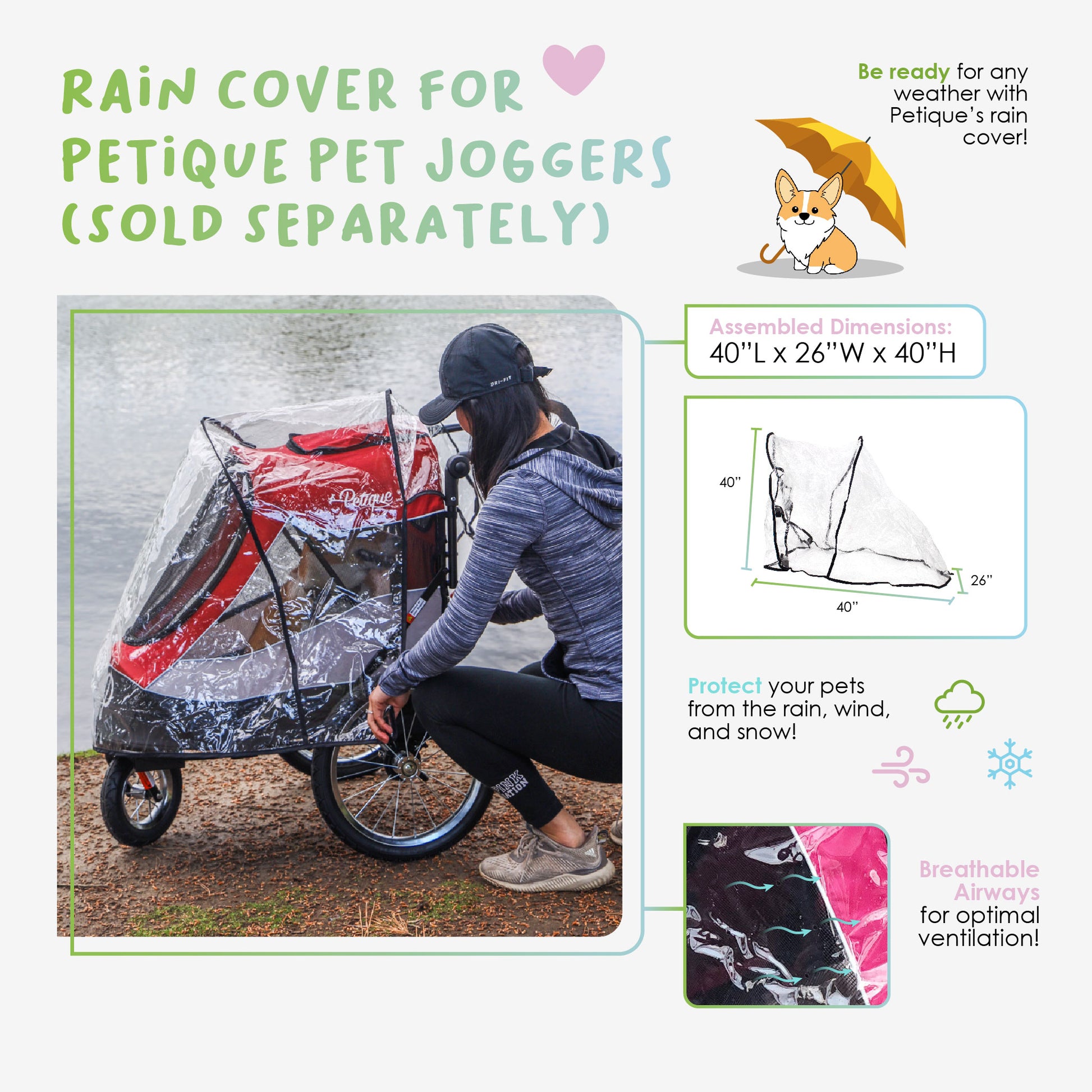 jogging stroller cover Pet Jogger Rain Cover ONLY, Weather Protection Snow/Rain/Wind Cover for Dog/Cat/Pet Stroller with Ventilation, Foldable, Clear, One Size (COMPATIBLE