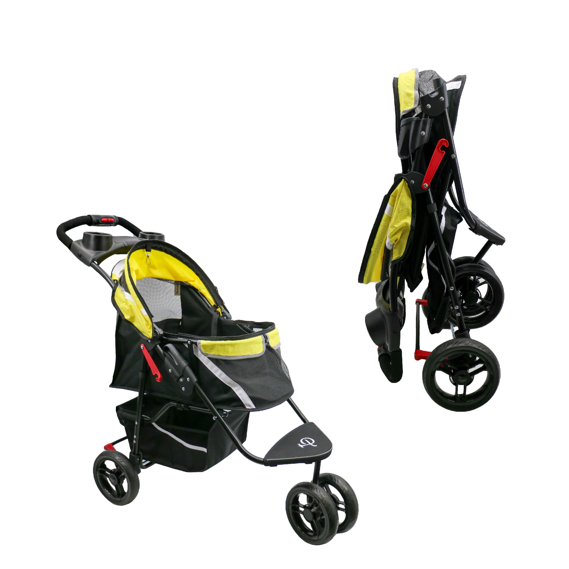 yellow dog stroller Revolutionary Durable Pet Stroller, Easy Fold, Quality mesh Windows, Large Storage Basket, Secure Cup Holder Tray, Small/Medium Dogs, Cats and Pets,