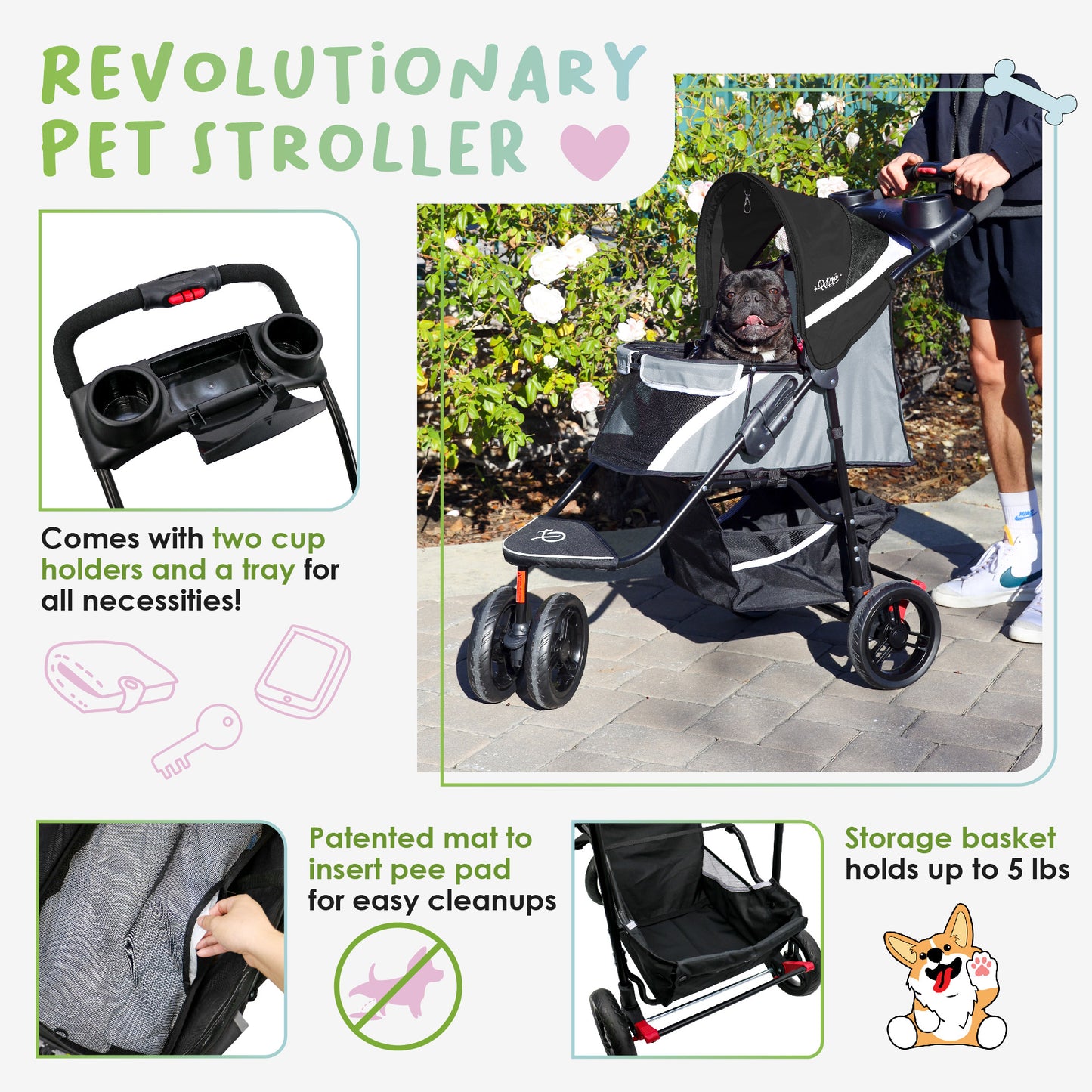 revolutionary pet stroller with cup holder tray and pee pad insert