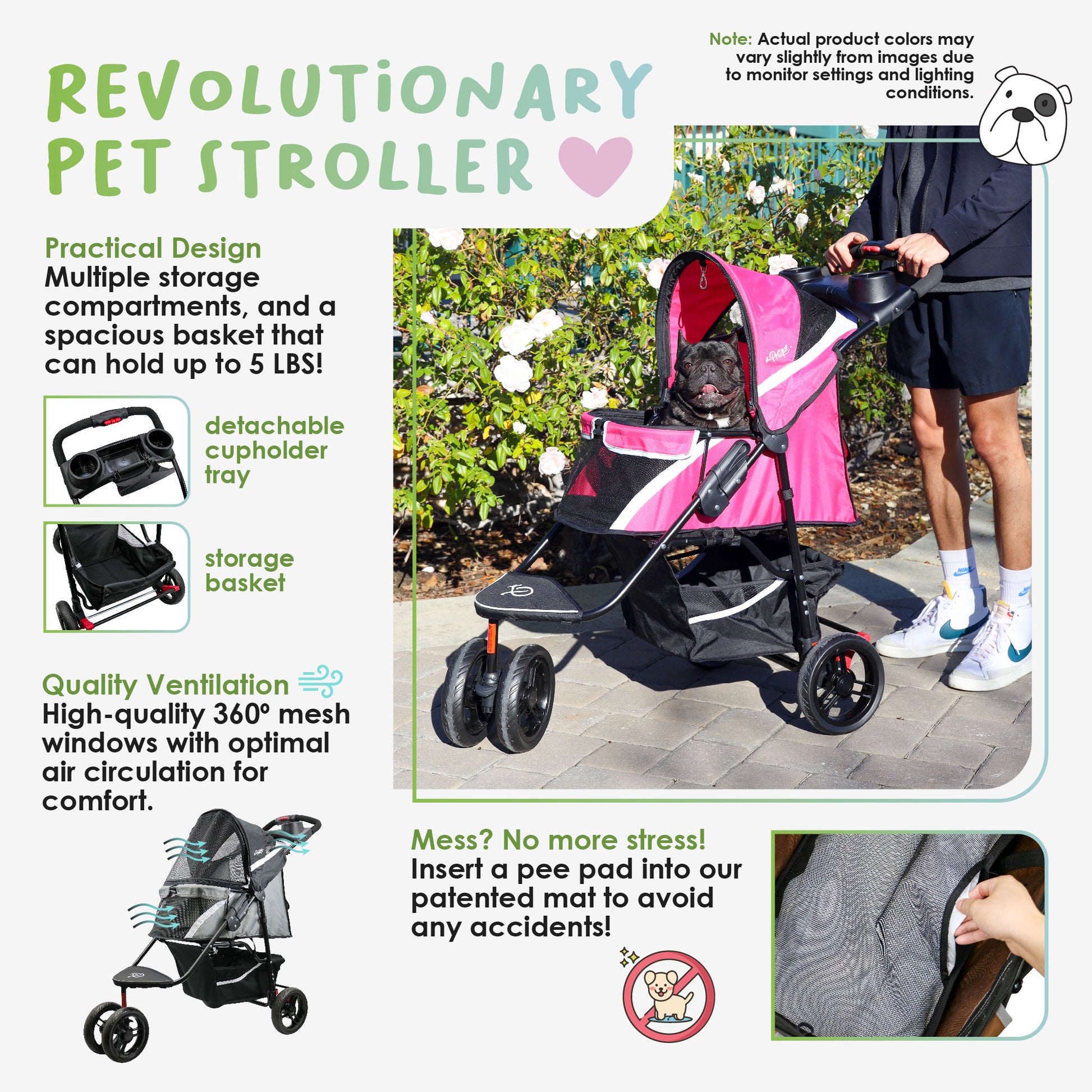 revolutionary pet stroller with cup holder tray and pee pad insert