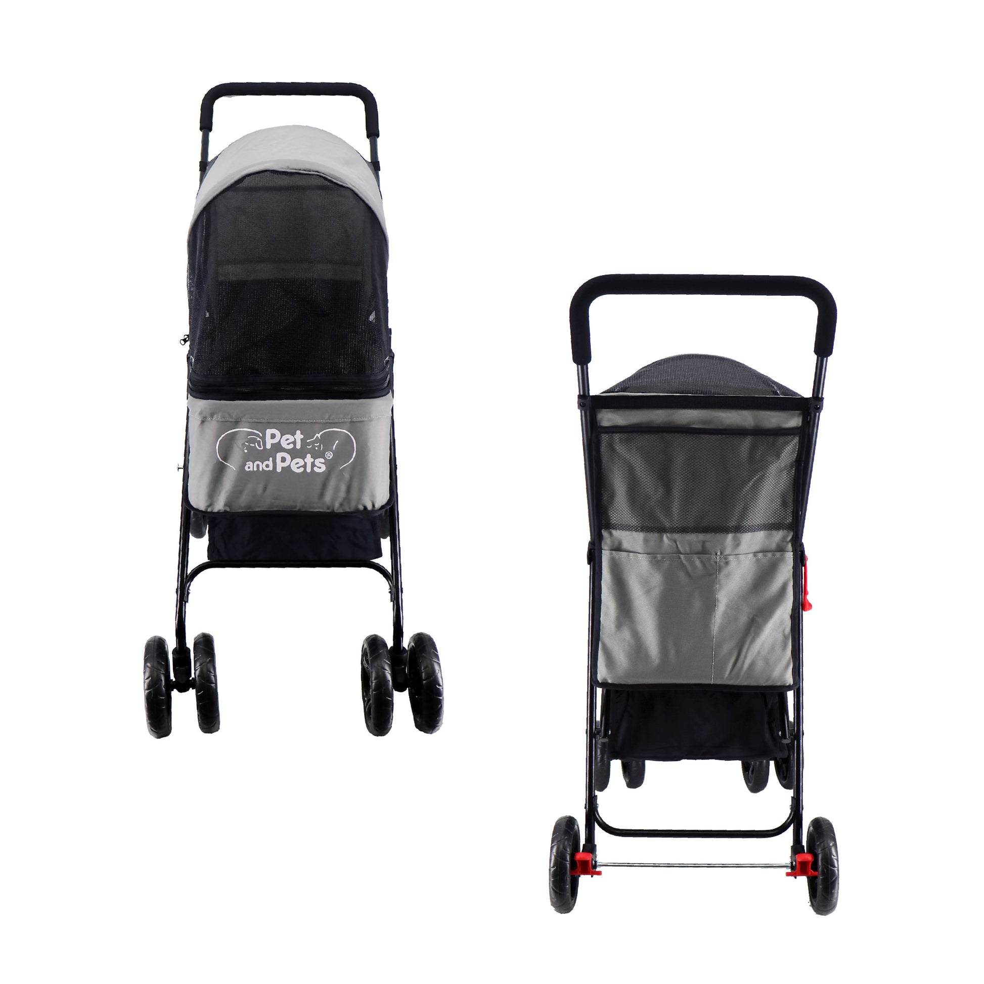 rollin pet stroller gray front and back