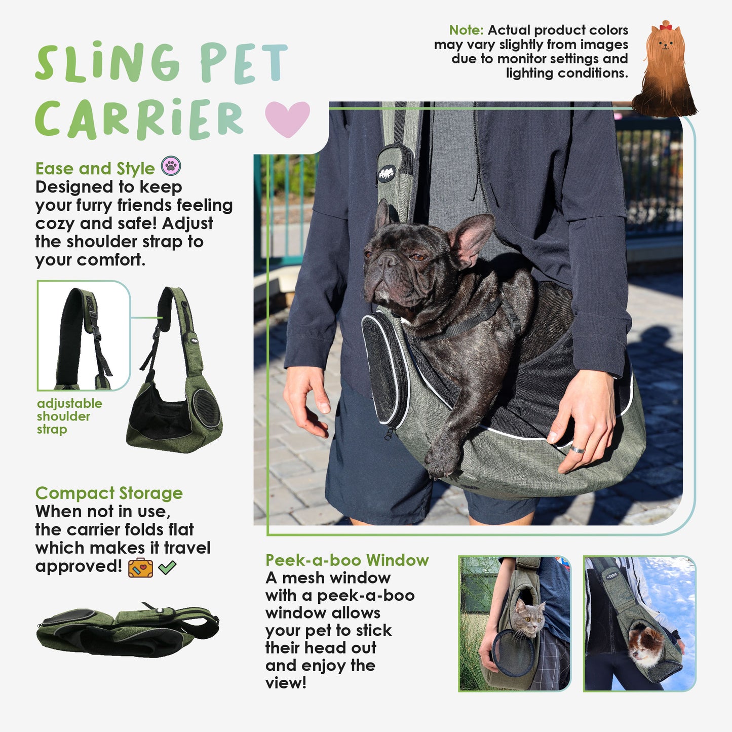 Sling Pet Carrier: Hands-Free, Over-the-Shoulder, Adjustable Leash, Padded Strap, Pee Pad Insert, Secure Pocket, Sturdy Board for Dogs, Cats, Small Animals, Supports up to 22 LBS