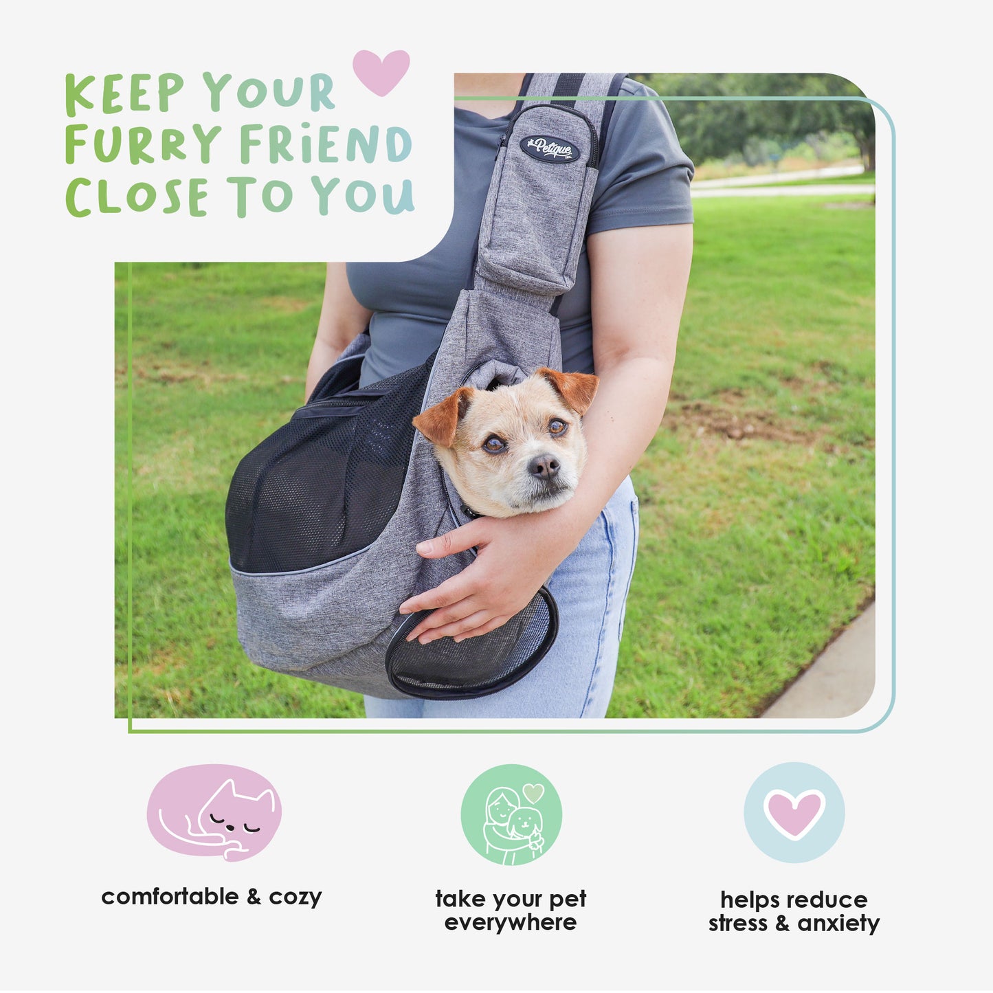 Sling Pet Carrier: Hands-Free, Over-the-Shoulder, Adjustable Leash, Padded Strap, Pee Pad Insert, Secure Pocket, Sturdy Board for Dogs, Cats, Small Animals, Supports up to 22 LBS