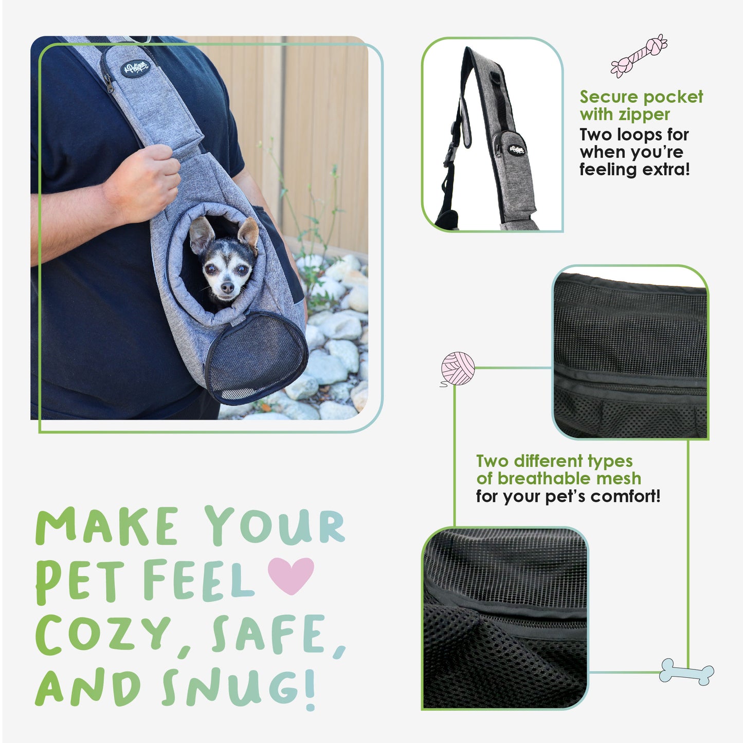 Sling Pet Carrier: Hands-Free, Over-the-Shoulder, Adjustable Leash, Padded Strap, Pee Pad Insert, Secure Pocket, Sturdy Board for Dogs, Cats, Small Animals, Supports up to 22 LBS