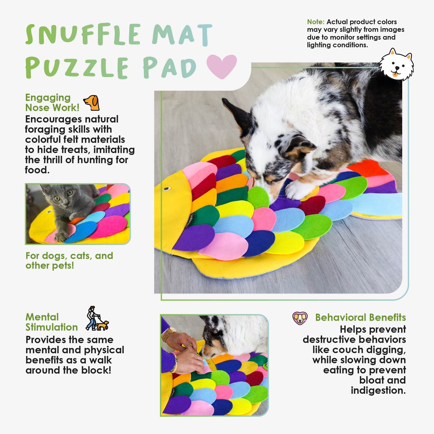 Snuffle Mat Puzzle Pad – Fish Colorful Felt for Treats, Interactive & Engaging, Easy to Clean, Handmade with Love. Mental & Physical Stimulation, Prevents Destructive Behavior, Slows Eating, Encourages Foraging Skills, Relieves Excess Energy, for Pets