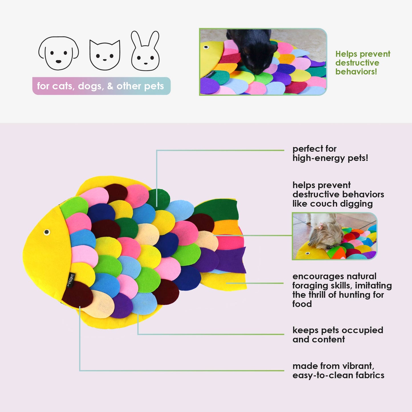Snuffle Mat Puzzle Pad – Fish Colorful Felt for Treats, Interactive & Engaging, Easy to Clean, Handmade with Love. Mental & Physical Stimulation, Prevents Destructive Behavior, Slows Eating, Encourages Foraging Skills, Relieves Excess Energy, for Pets