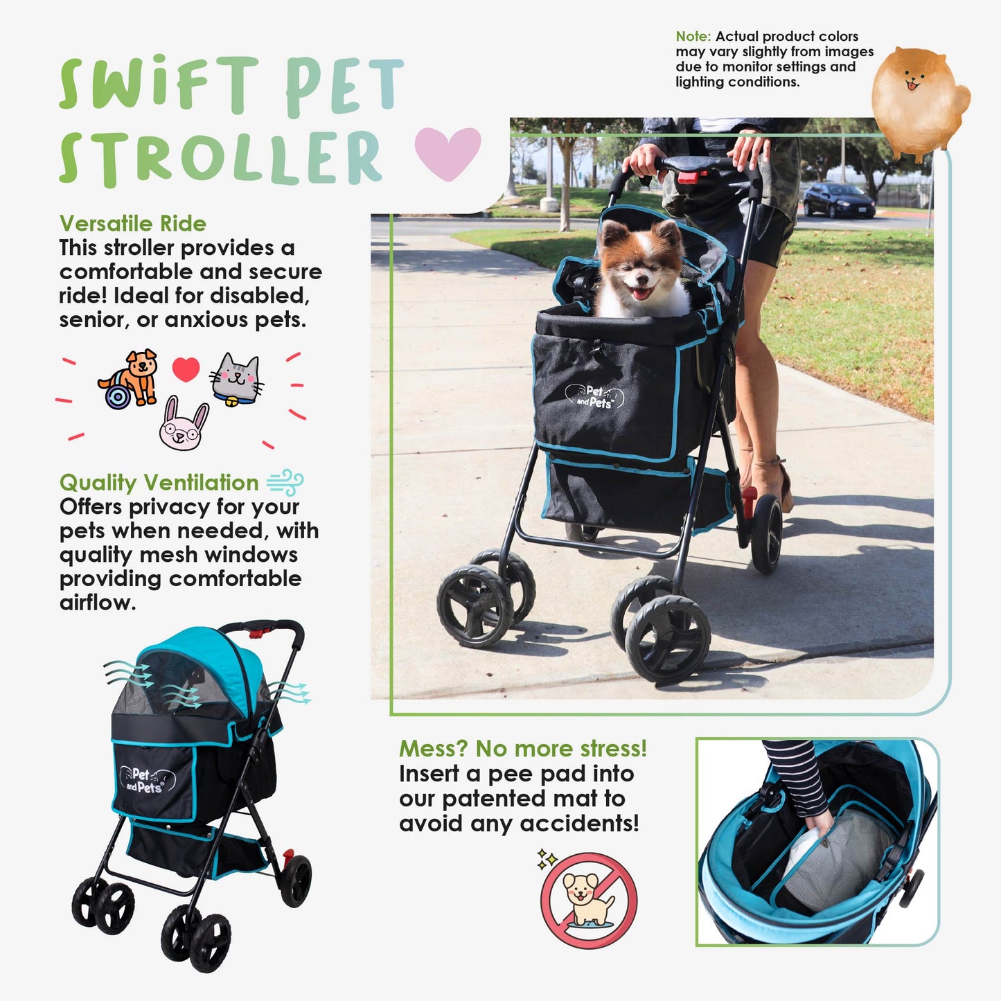 Swift Pet Stroller -  Quality Mesh Windows, Pee Pad Insert, Double Rear Brakes, Rotating Front Wheels, Lightweight, Three-Way Canopy, for Small Dogs/Cats, Supports pets up to 45LBS
