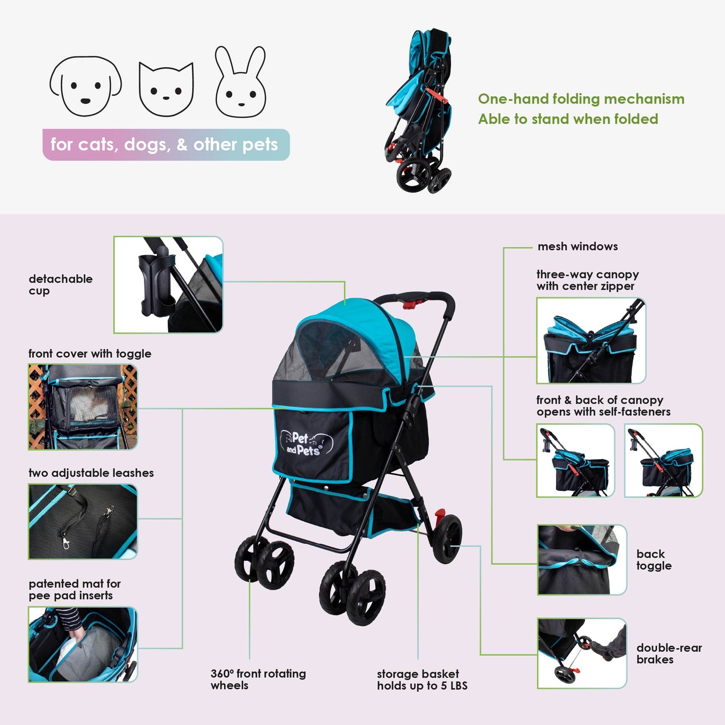 Swift Pet Stroller -  Quality Mesh Windows, Pee Pad Insert, Double Rear Brakes, Rotating Front Wheels, Lightweight, Three-Way Canopy, for Small Dogs/Cats, Supports pets up to 45LBS