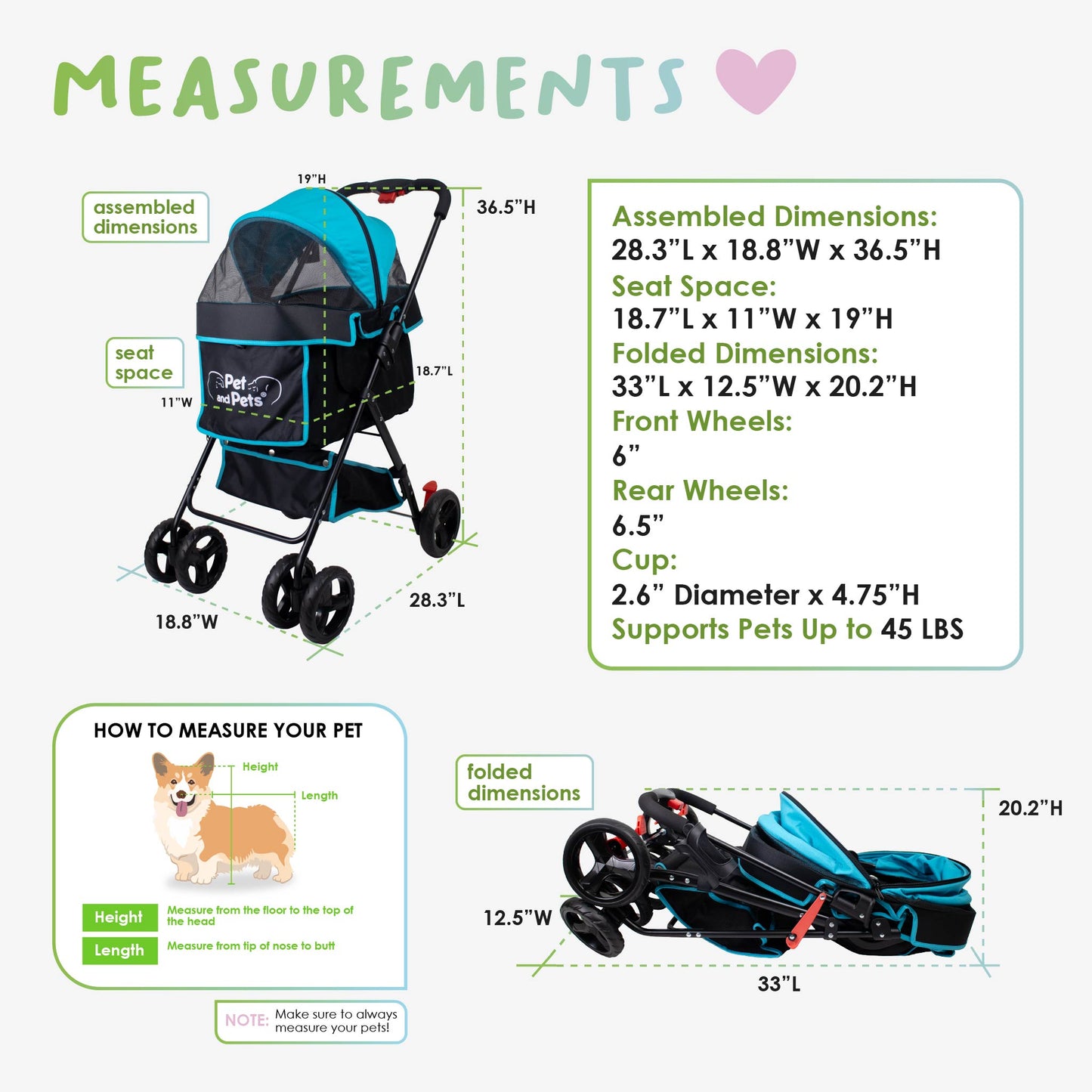 Swift Pet Stroller -  Quality Mesh Windows, Pee Pad Insert, Double Rear Brakes, Rotating Front Wheels, Lightweight, Three-Way Canopy, for Small Dogs/Cats, Supports pets up to 45LBS