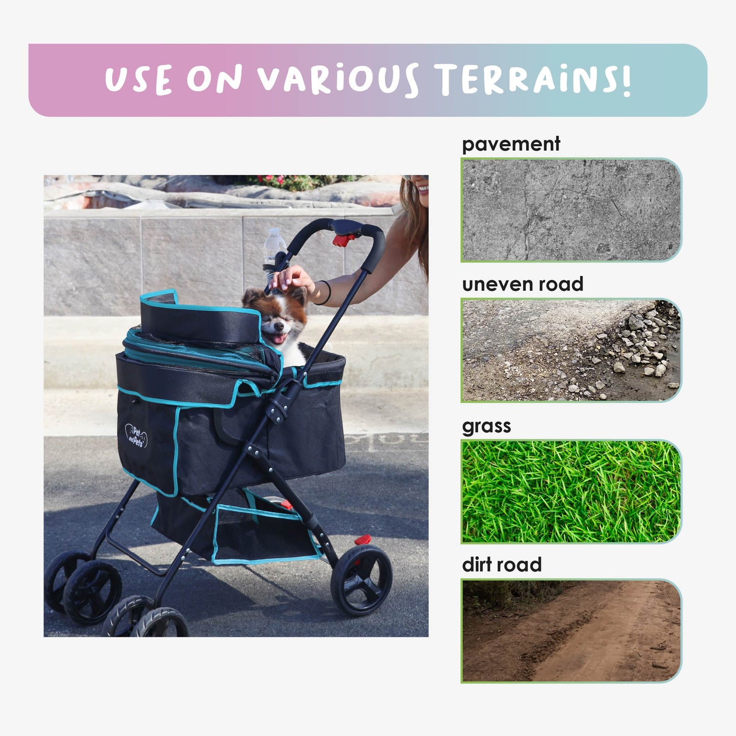 Swift Pet Stroller -  Quality Mesh Windows, Pee Pad Insert, Double Rear Brakes, Rotating Front Wheels, Lightweight, Three-Way Canopy, for Small Dogs/Cats, Supports pets up to 45LBS