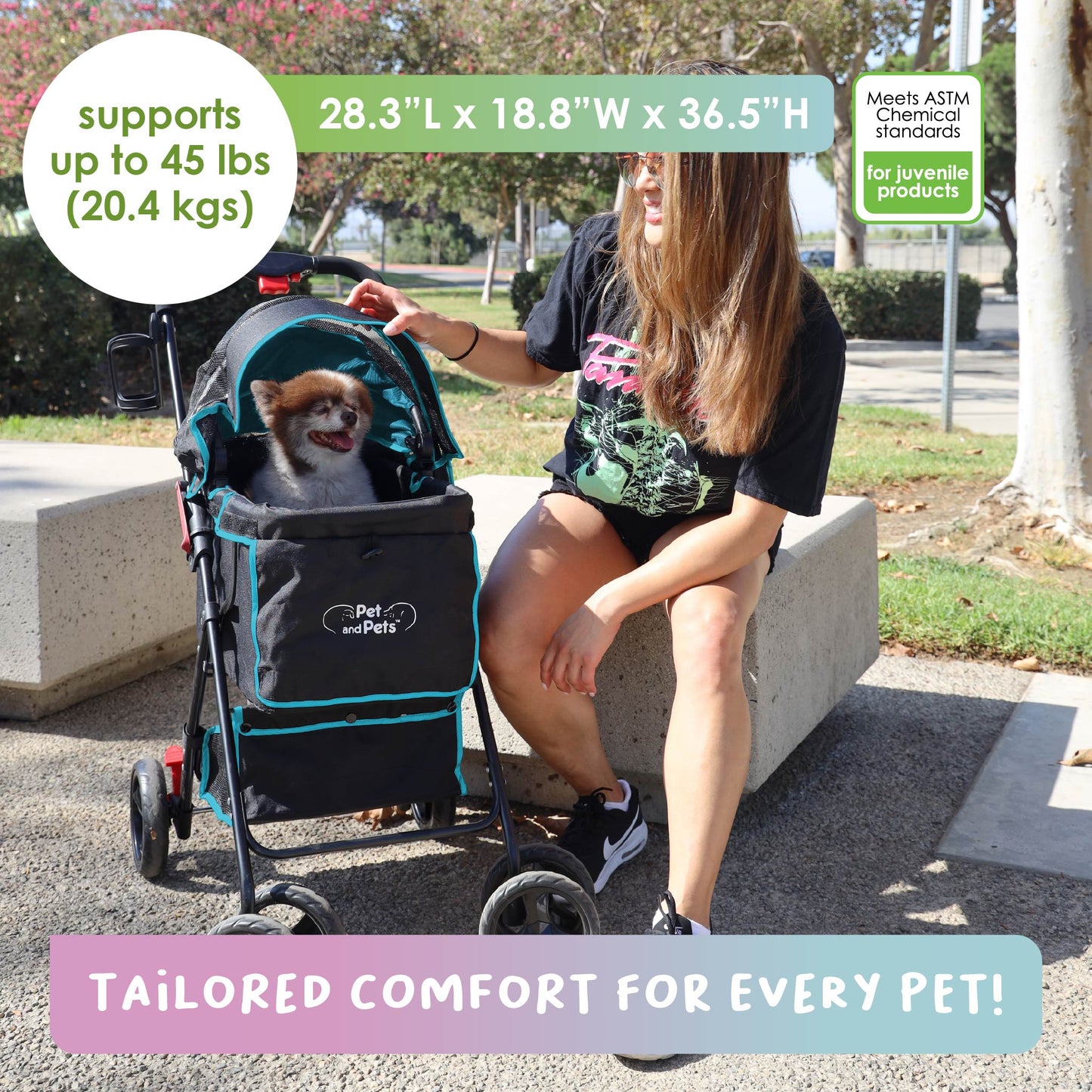 Swift Pet Stroller -  Quality Mesh Windows, Pee Pad Insert, Double Rear Brakes, Rotating Front Wheels, Lightweight, Three-Way Canopy, for Small Dogs/Cats, Supports pets up to 45LBS