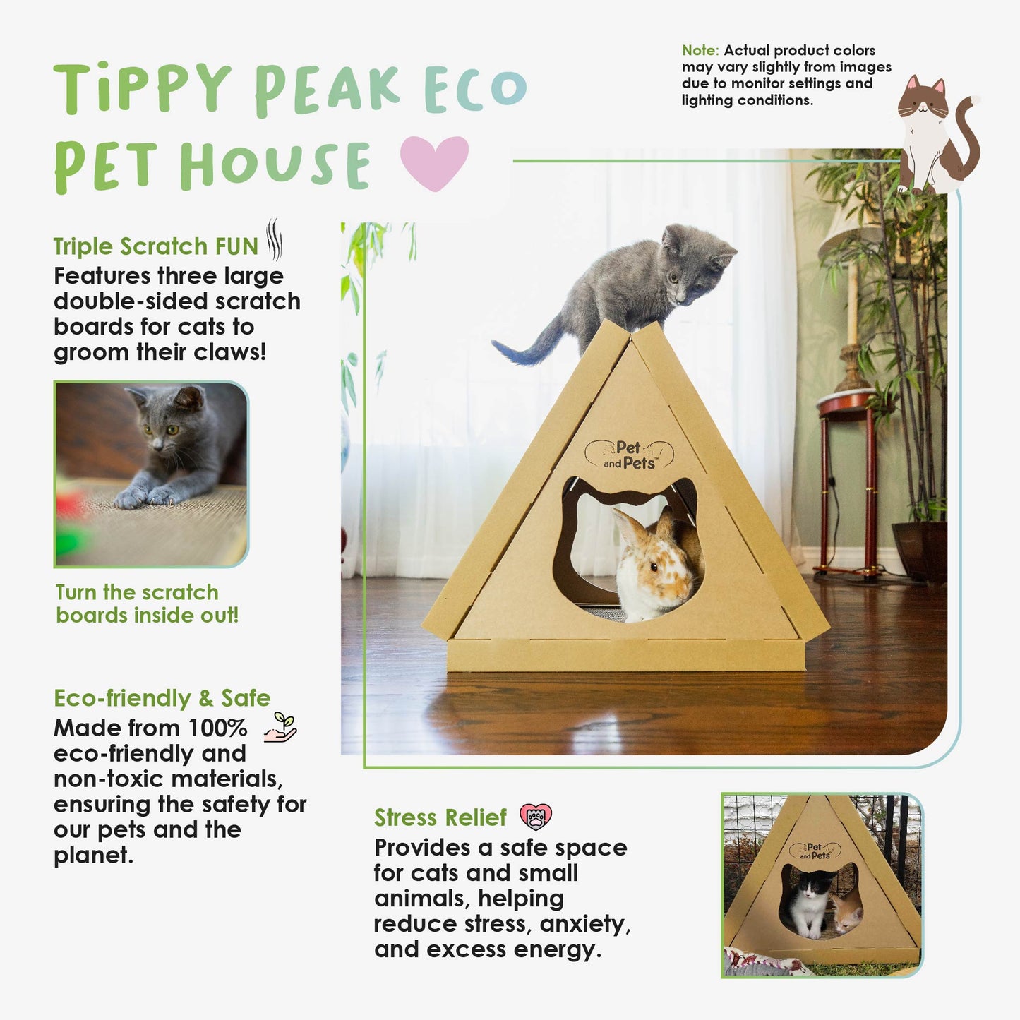 Tippy Peak Eco Pet House: 3 Double-Sided Scratch Boards, 100% Eco-Friendly, Non-Toxic, Sturdy, Easy to Build, Sustainable, Safe if Ingested, No Formaldehyde, Biodegradable, Compostable, for Cats, Bunnies & Small Animals