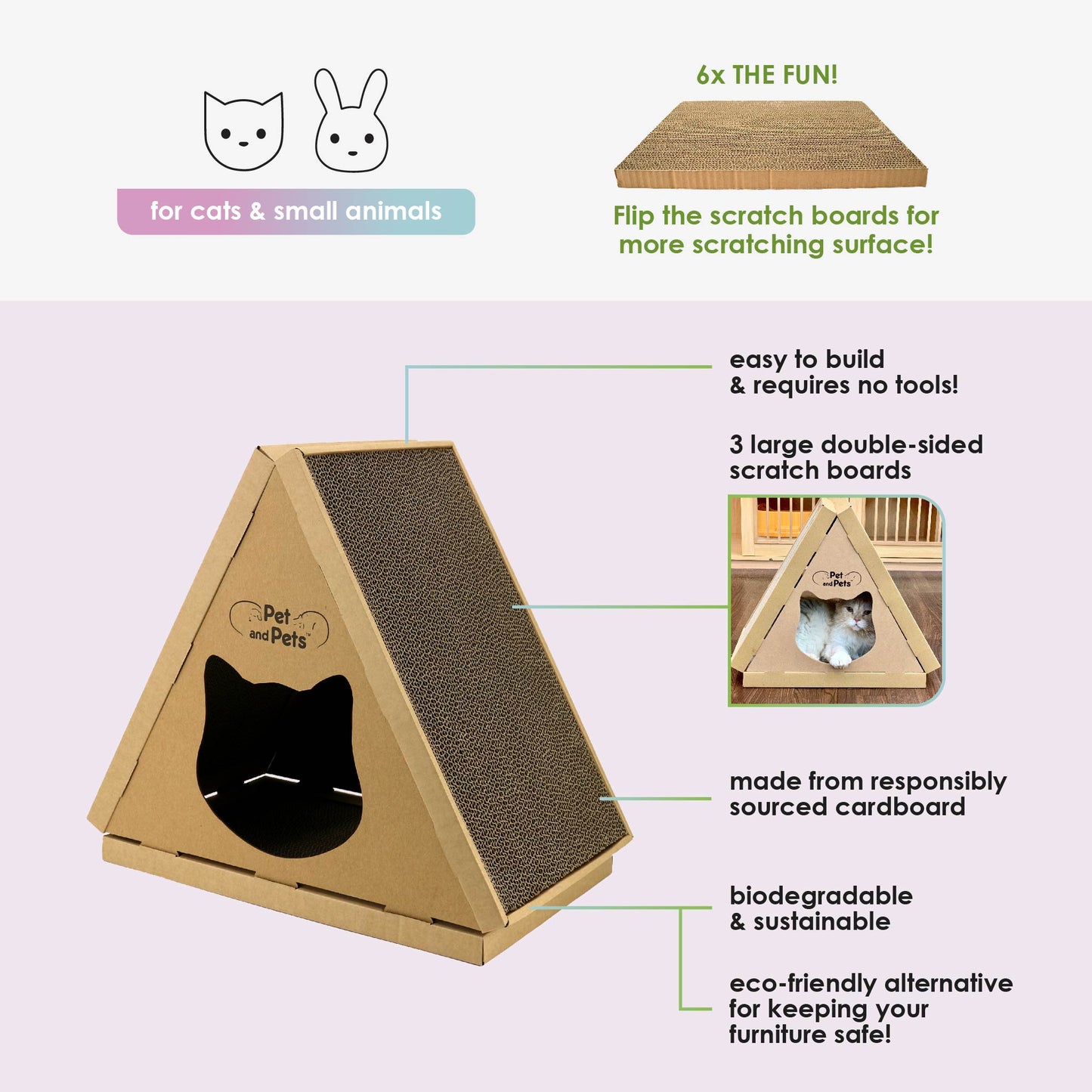 Tippy Peak Eco Pet House: 3 Double-Sided Scratch Boards, 100% Eco-Friendly, Non-Toxic, Sturdy, Easy to Build, Sustainable, Safe if Ingested, No Formaldehyde, Biodegradable, Compostable, for Cats, Bunnies & Small Animals