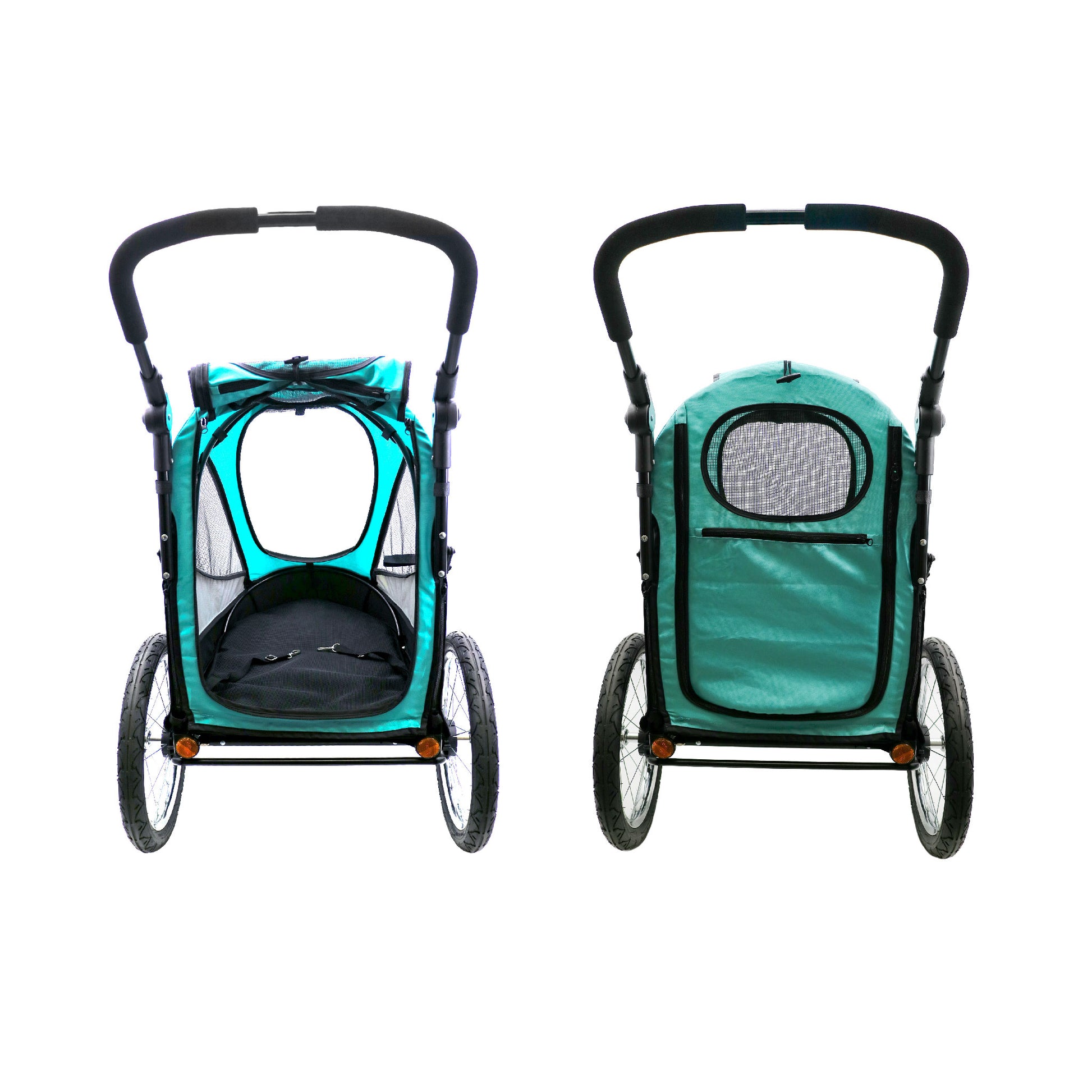 light blue neptune trailblazer pet jogger back entrance open and closed