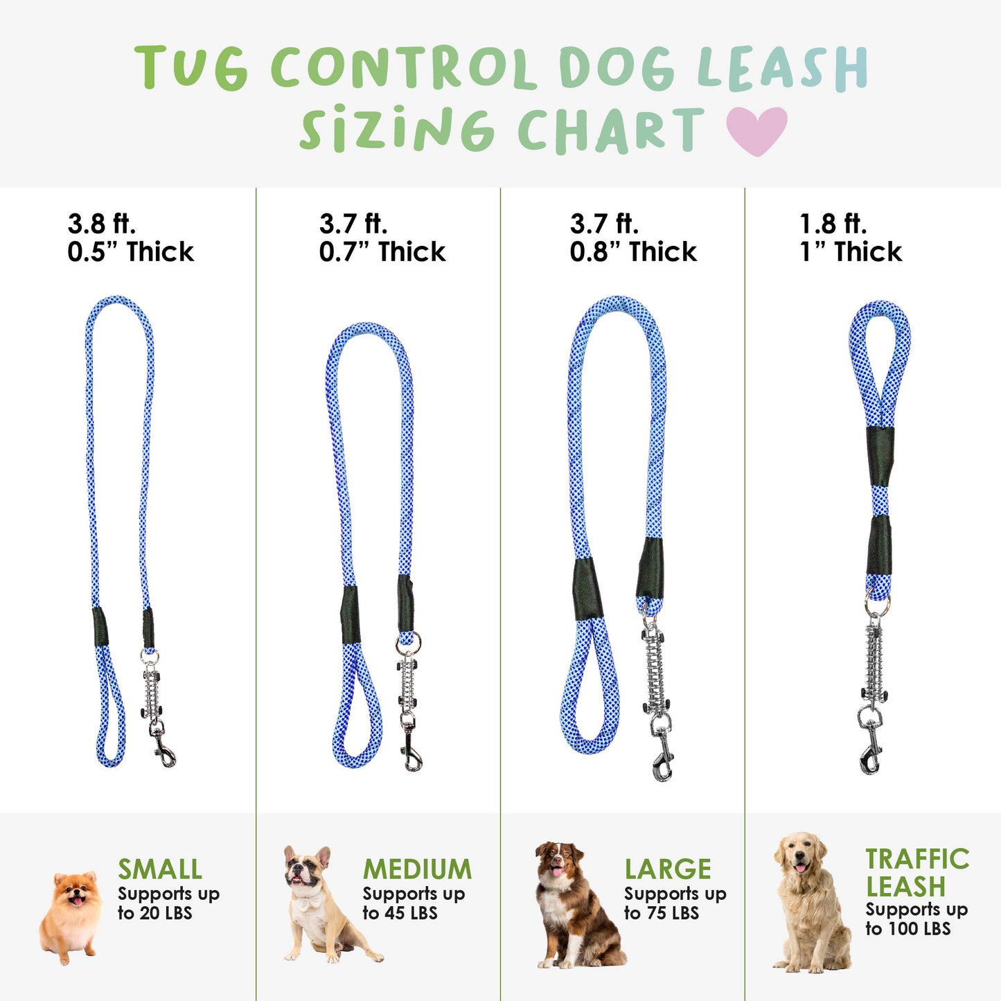 Tug Control Dog Leash - Reflective, Shock Absorber, Comfortable Grip, Sleek Design, Strong Weave Accent, for Small/Medium/Large Dogs/Cats/Pets