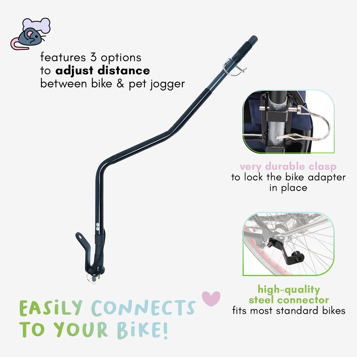 Pet Jogger Bike Adapter: Attaches Securely, Adjustable Distance, Durable Clasp, Portable, Lightweight, Sturdy, Durable, COMPATIBLE WITH PETIQUE JOGGERS ONLY