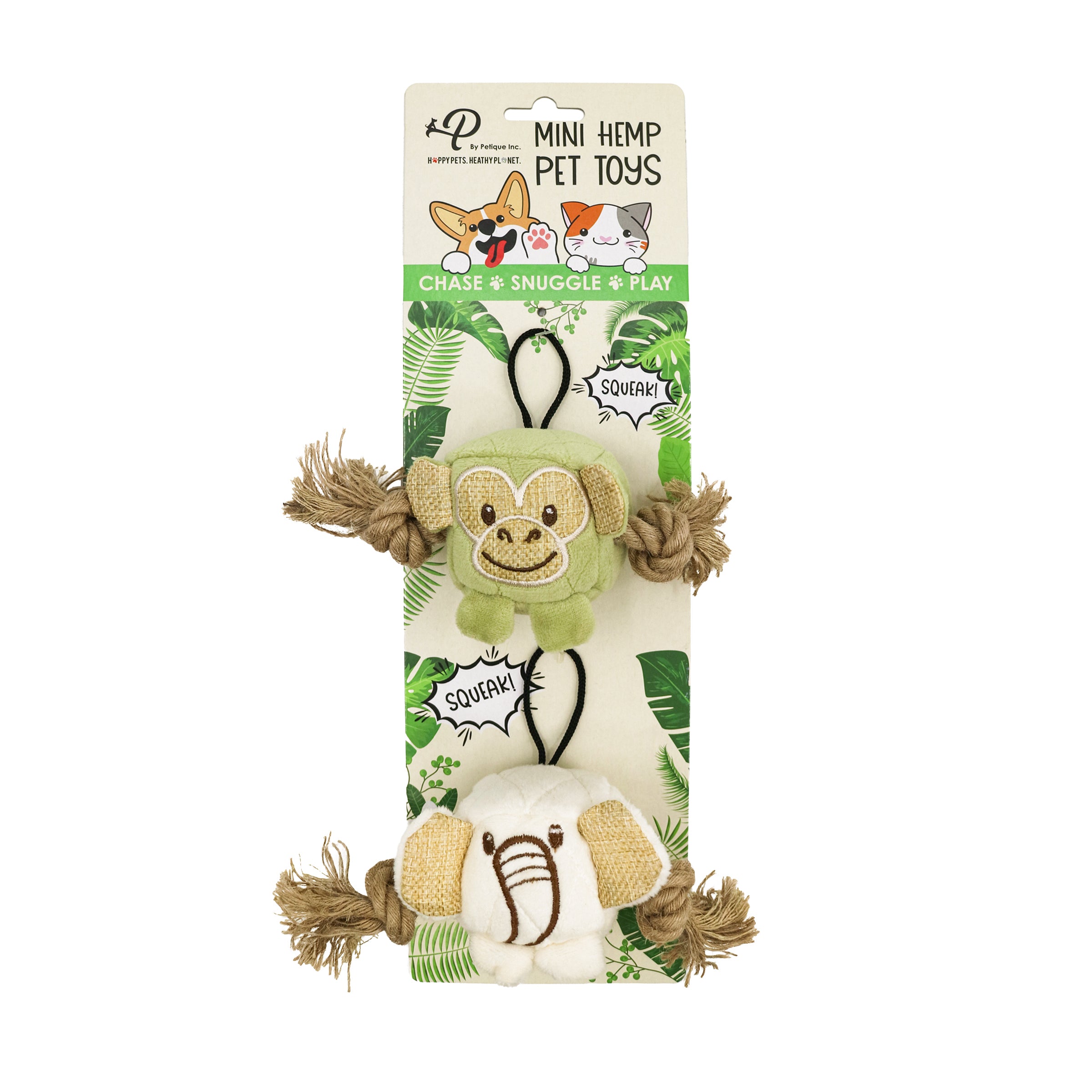 Mini Hemp Chunky Monkey and Elephant Dog Toys Fun Squeaker Hemp Rope Stimulates Mentally Physically Cute Block Head with Squeaker Tough Hemp