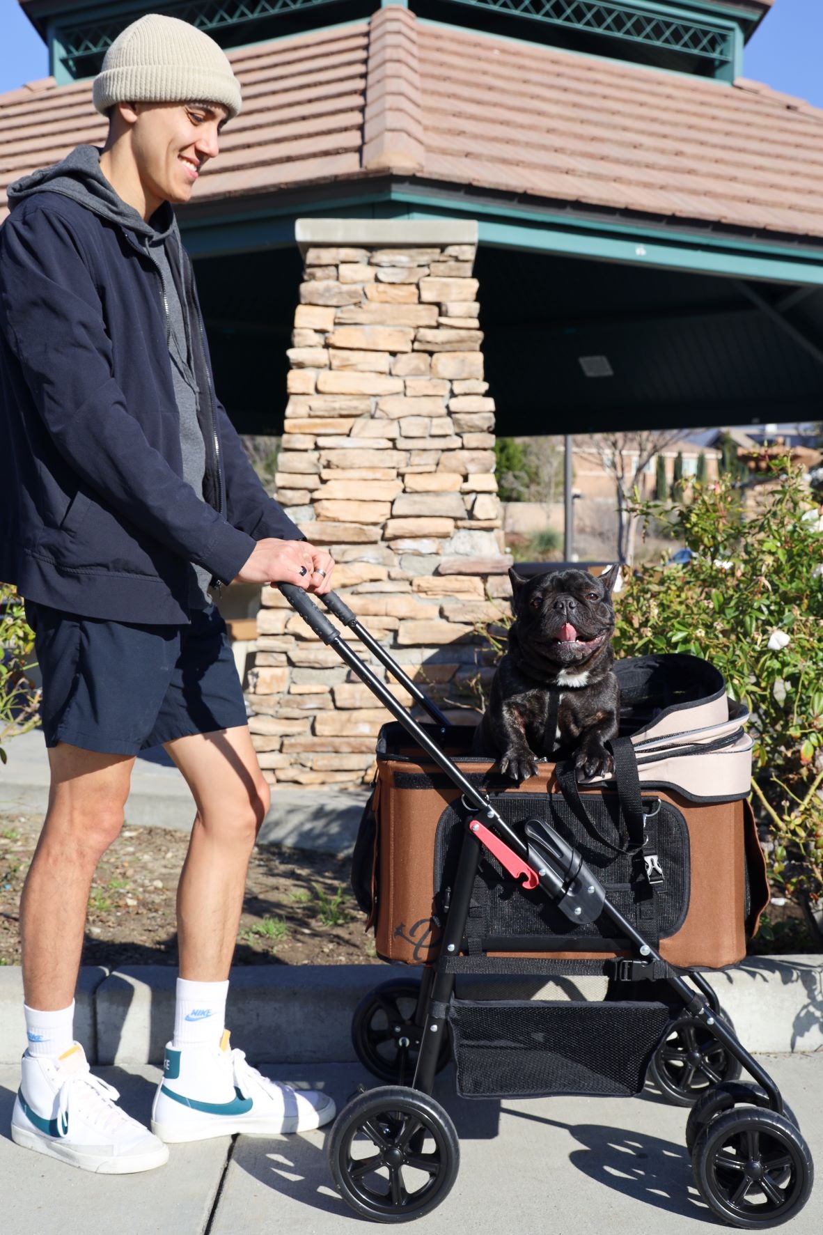 travel-friendly pet stroller in brown