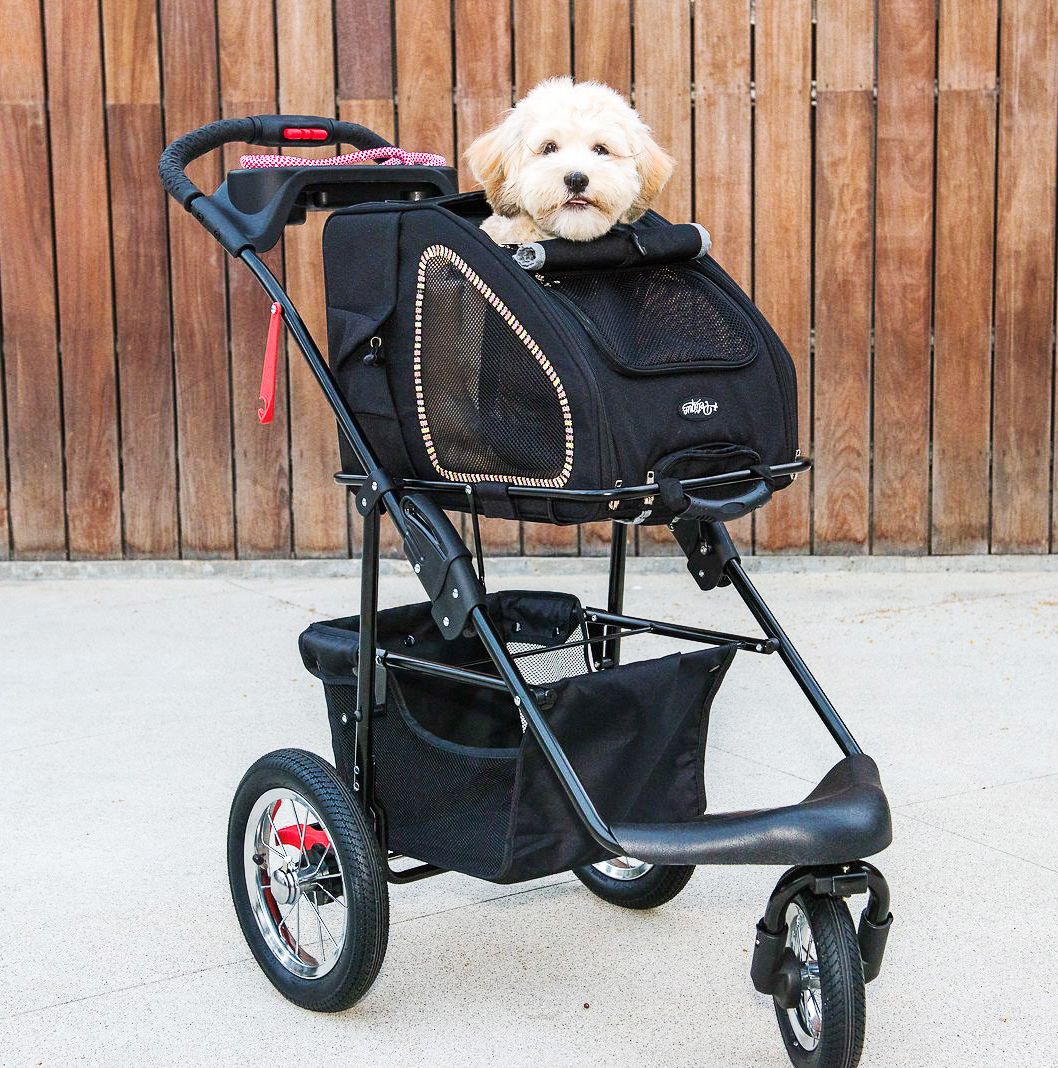 black pet stroller with carrier