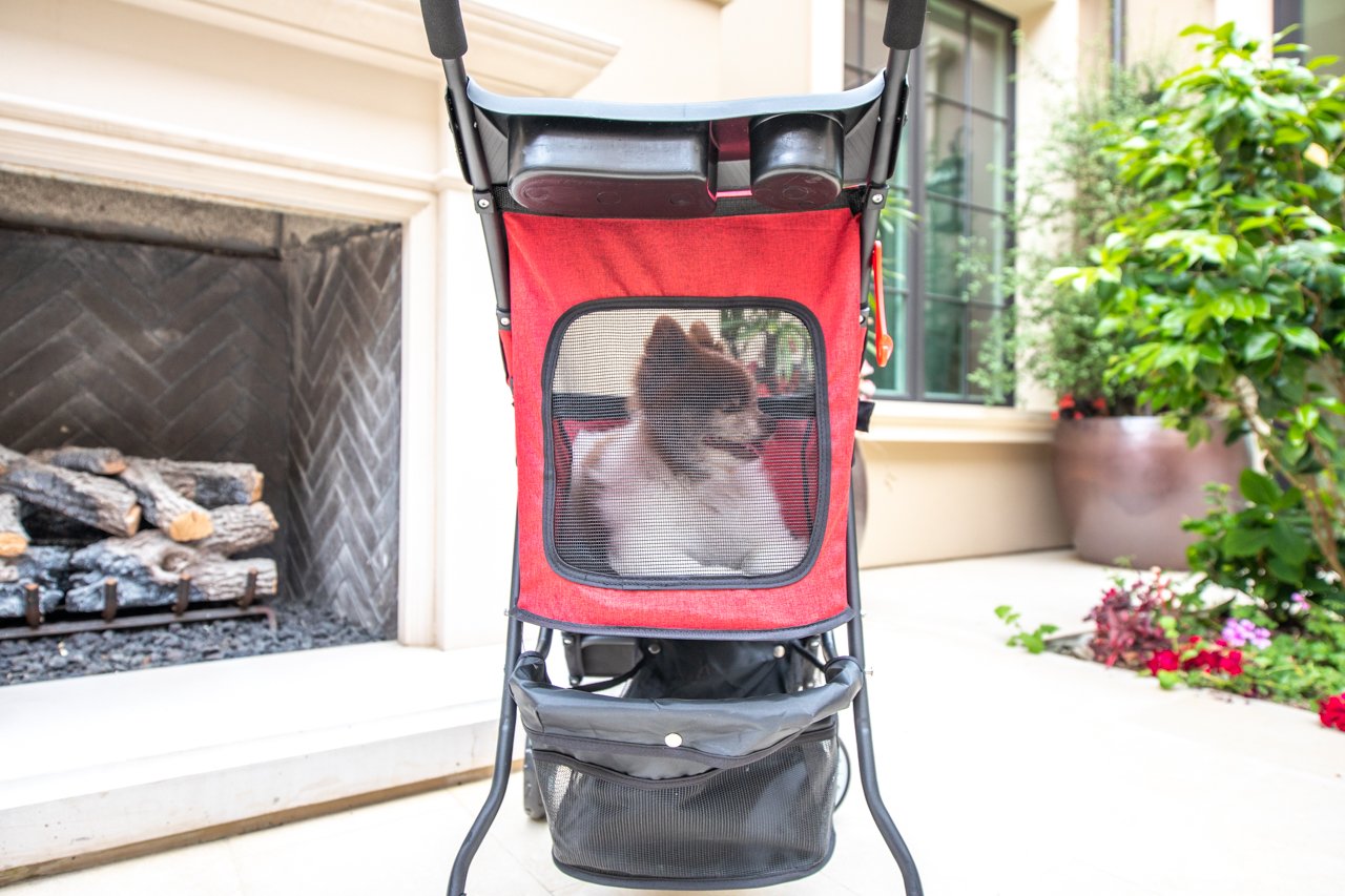 red pet stroller with mesh windows