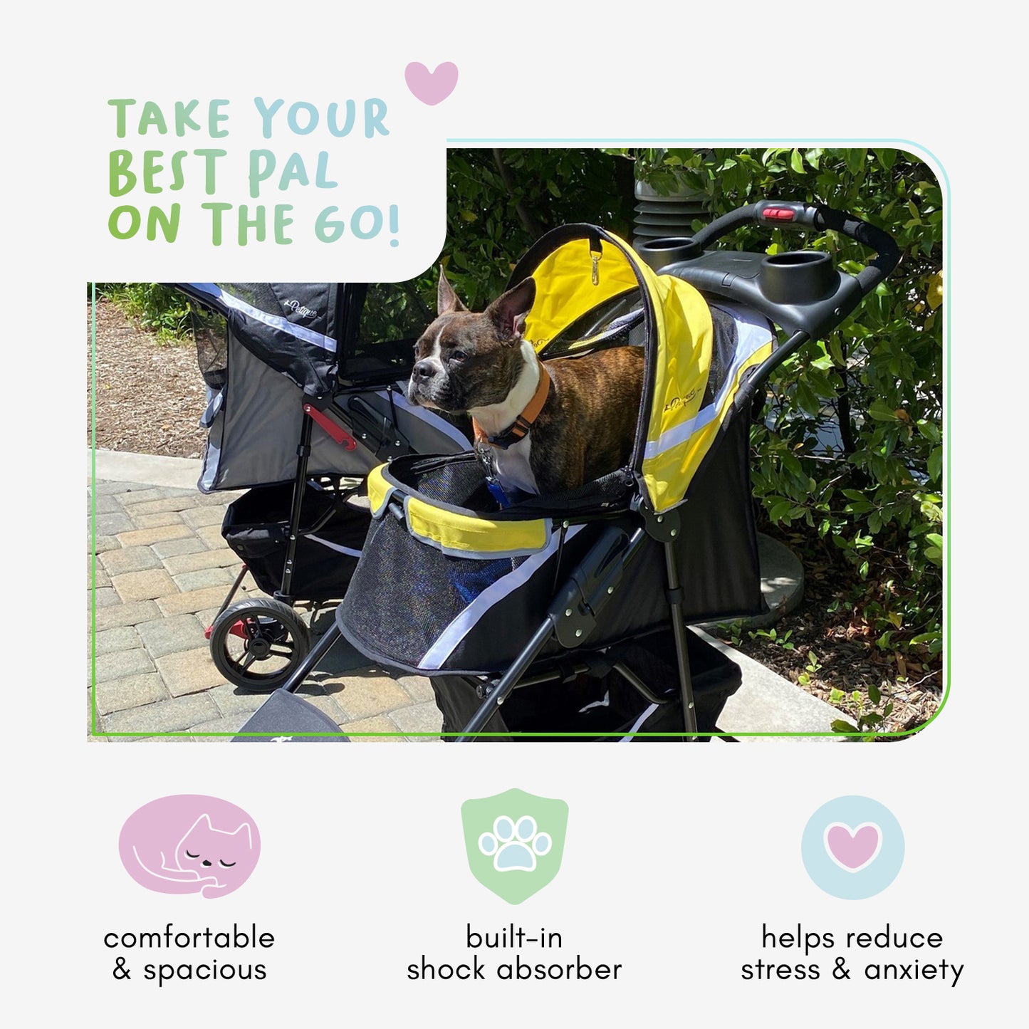 yellow revolutionary pet stroller with frenchie