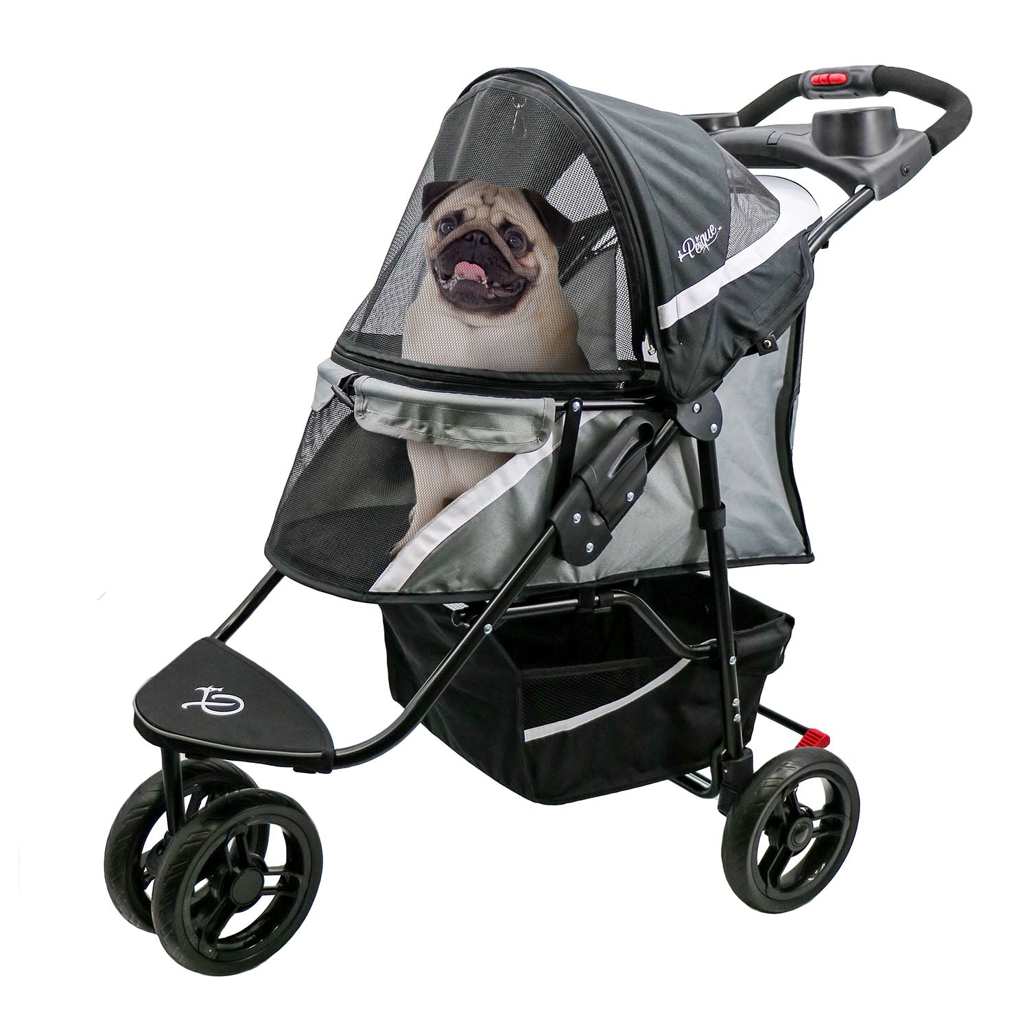 gray and black galaxy revolutionary pet stroller