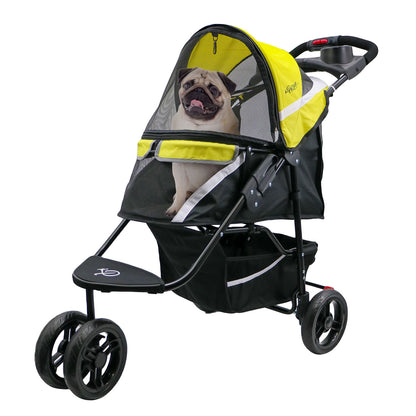 yellow sunshine revolutionary pet stroller with dog