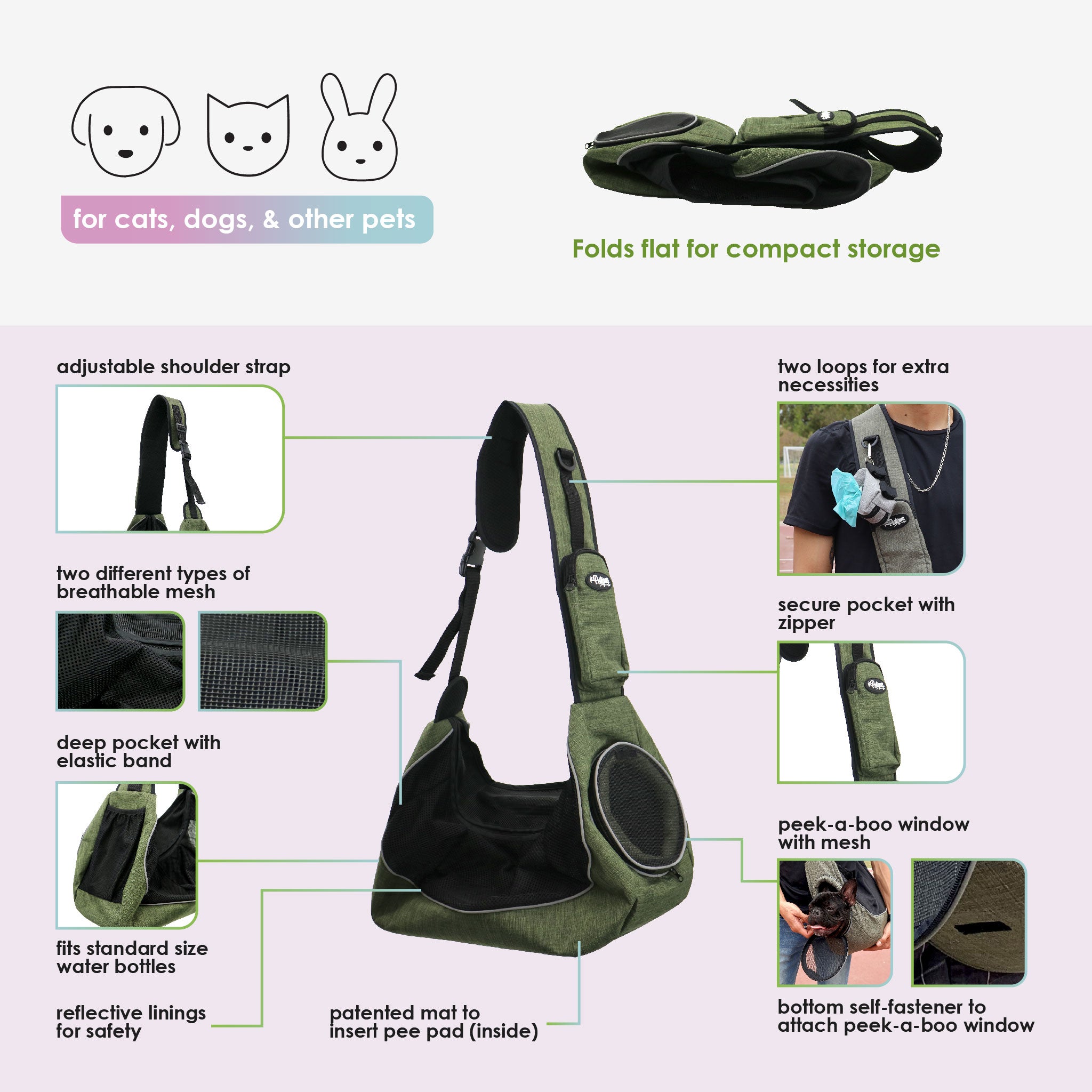 Sling Pet Carrier Hands Free Over the Shoulder Design Adjustable Le Petique Inc